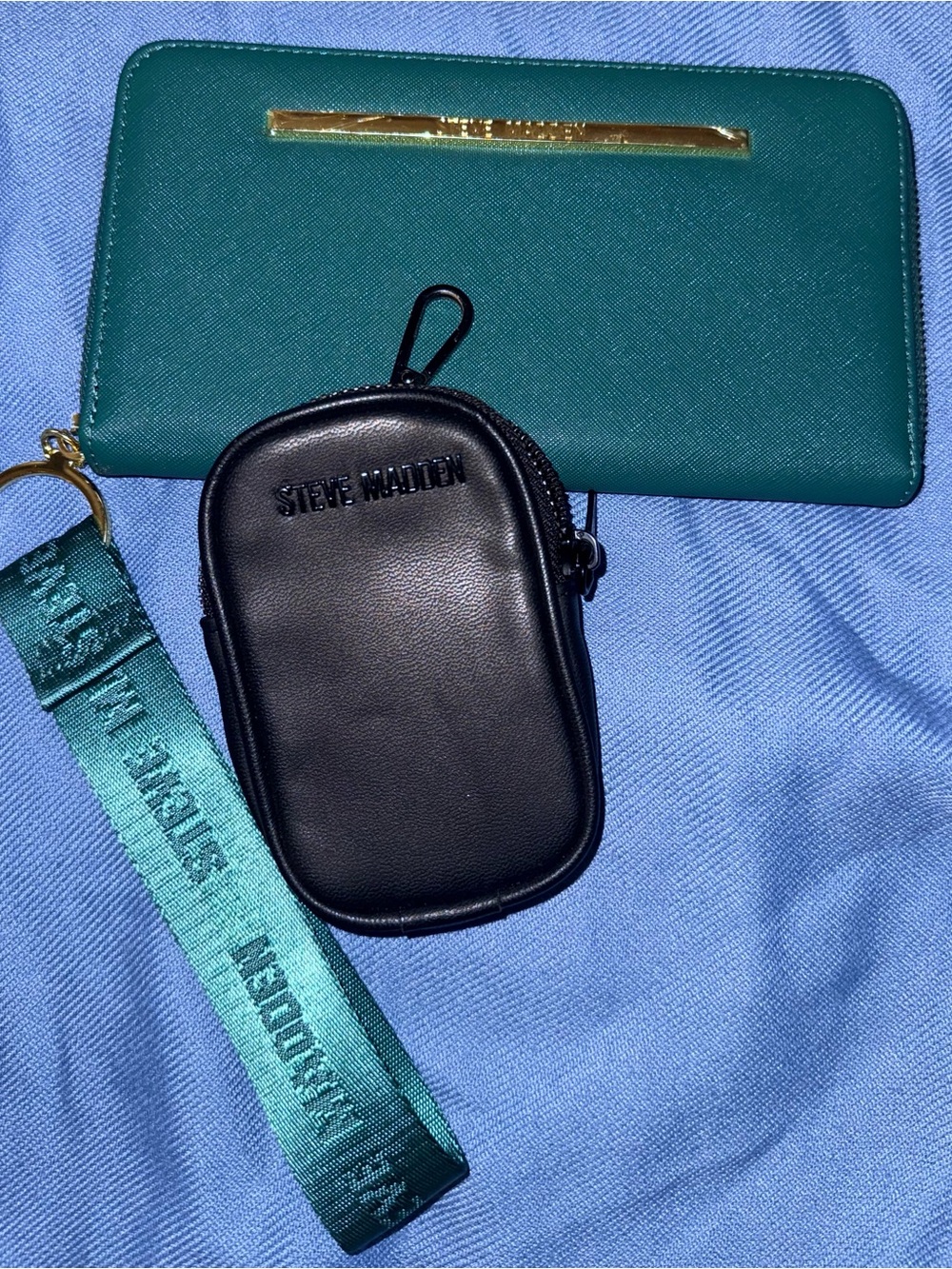 Steve Madden Black Leather Mini Pouch with Teal Strap and Green Wallet